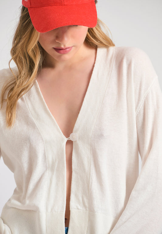Linen blend knitted cardigan with decorative button - White