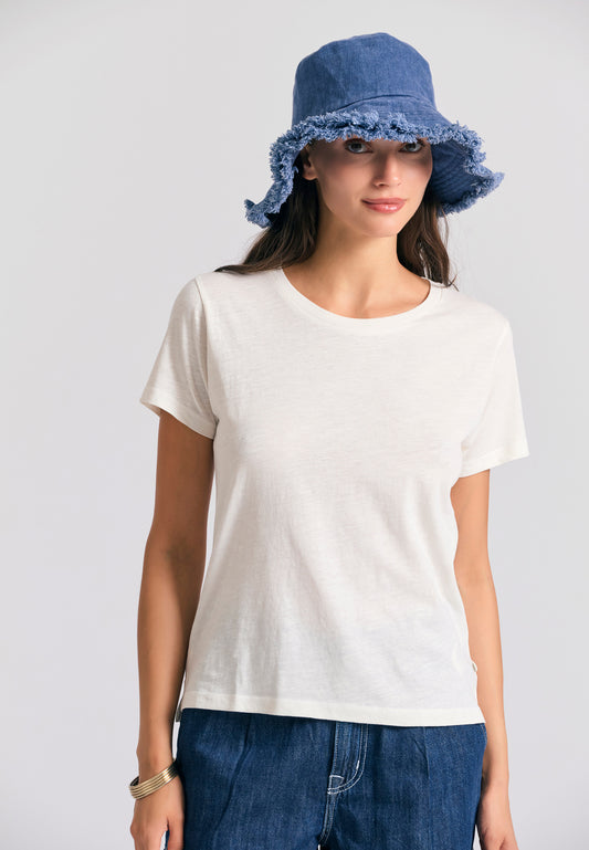 Tricou simplu de damă cu guler rotund - The essentials - Alb-gălbui