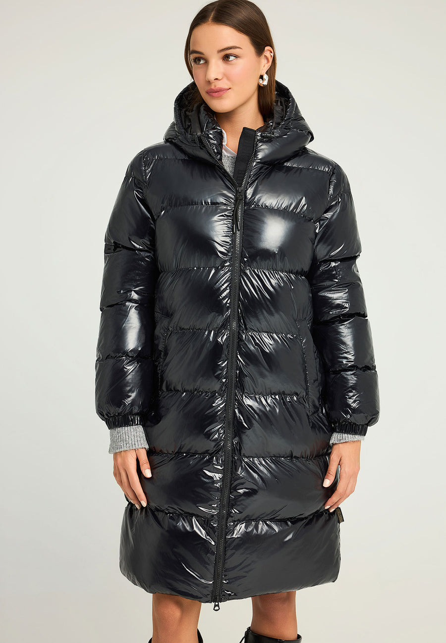 Jachetă lungă pufoasă cu croială regulată și glugă