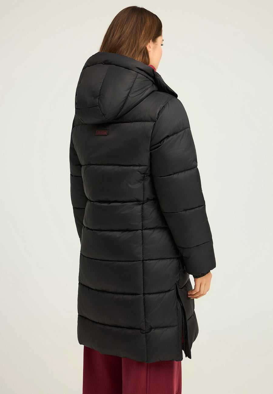 Jachetă lungă pufoasă cu croială regulată și glugă