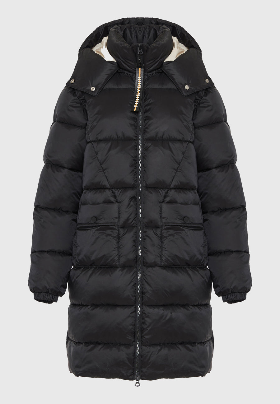 Jachetă lungă pufoasă cu croială regulată și glugă