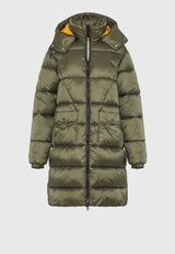 Jachetă lungă pufoasă cu croială regulată și glugă