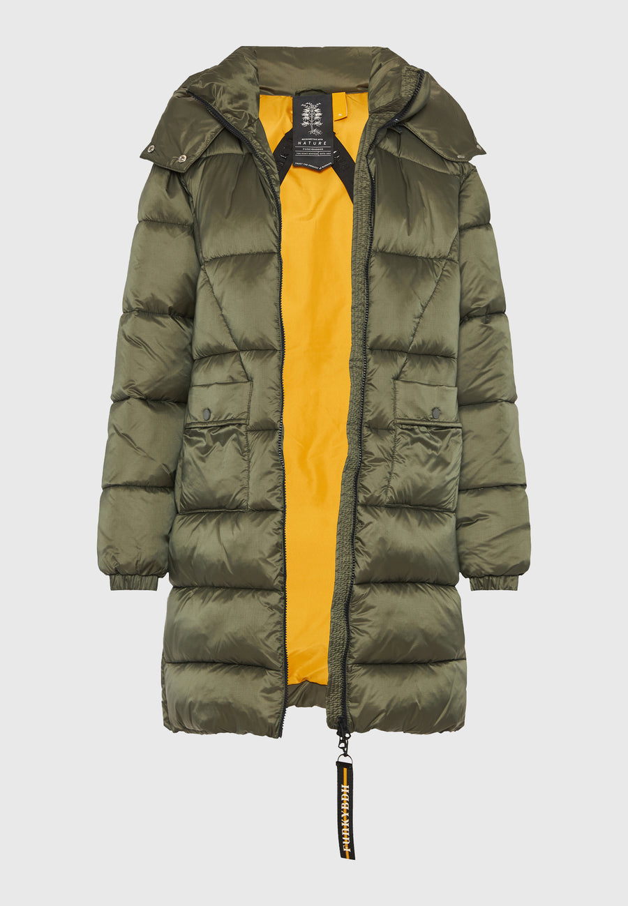 Jachetă lungă pufoasă cu croială regulată și glugă