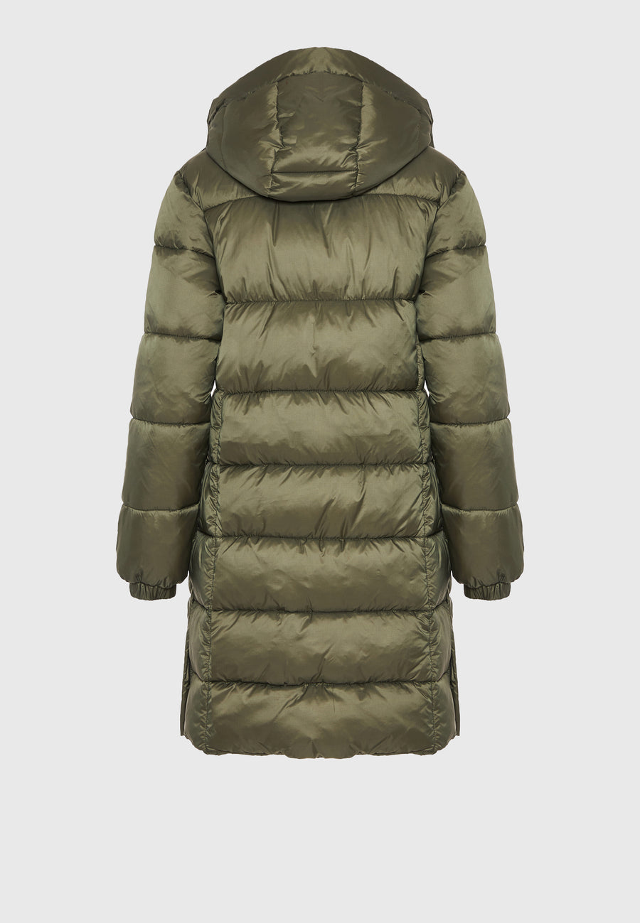 Jachetă lungă pufoasă cu croială regulată și glugă