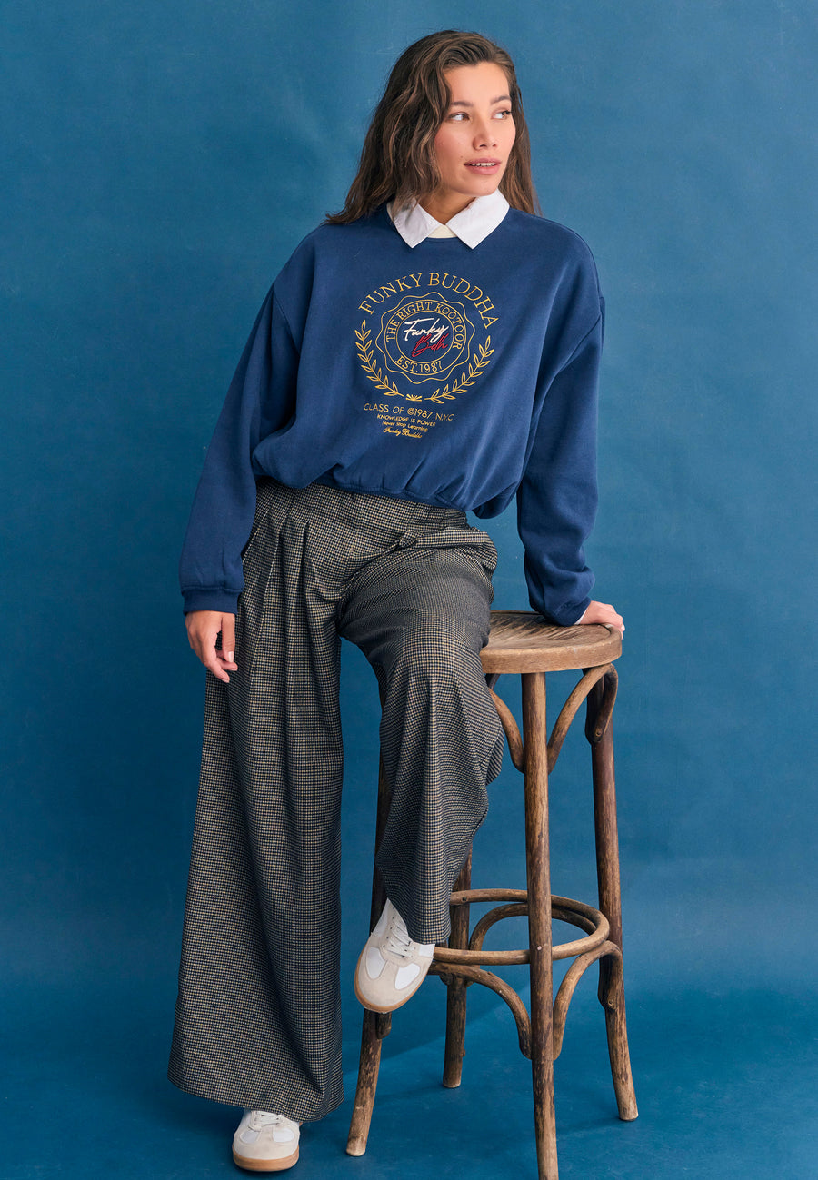 Pantaloni palazzo în carouri, cu talie înaltă, lejeră