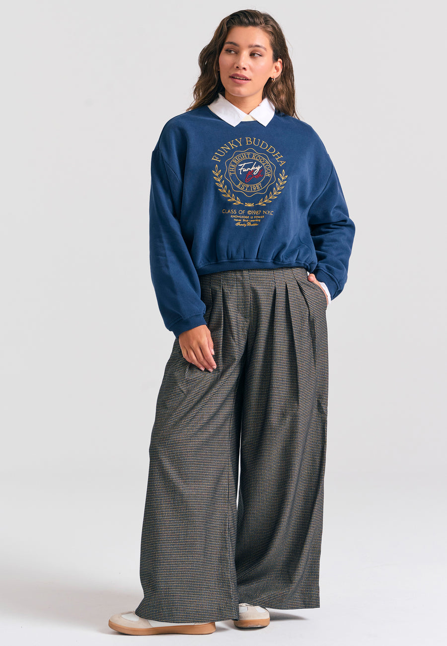 Pantaloni palazzo în carouri, cu talie înaltă, lejeră