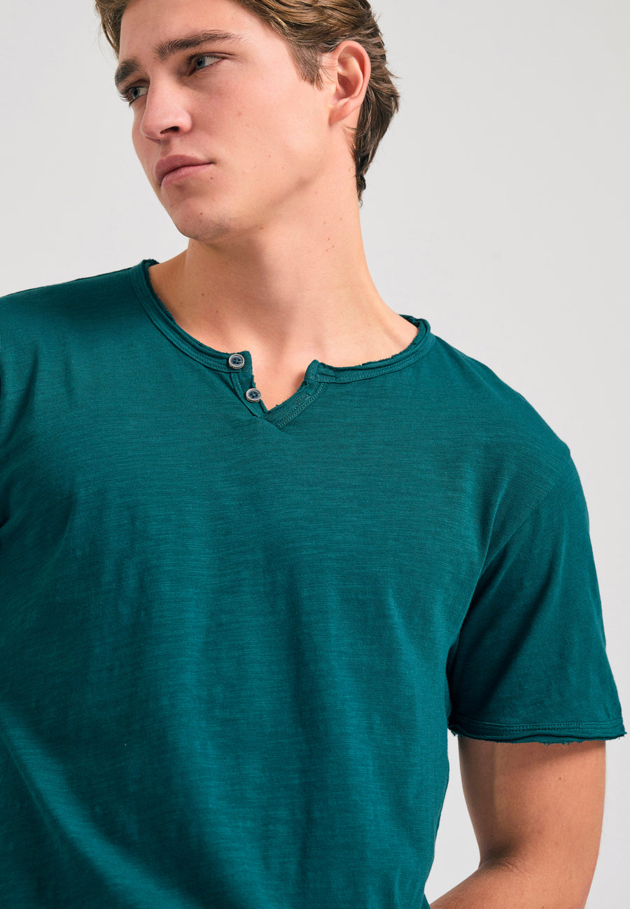 Tricou cu guler henley și croiuri brute - The essentials - Dark sea