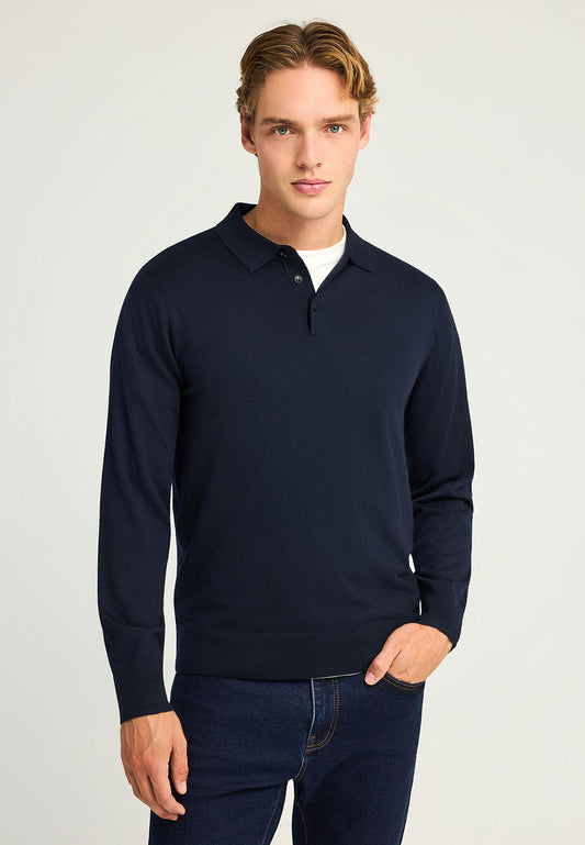 Long-sleeve polo shirt in knitted fabric