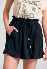 Loose fit shorts with drawstring and ruffle waist - Black