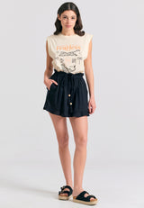 Loose fit shorts with drawstring and ruffle waist - Black