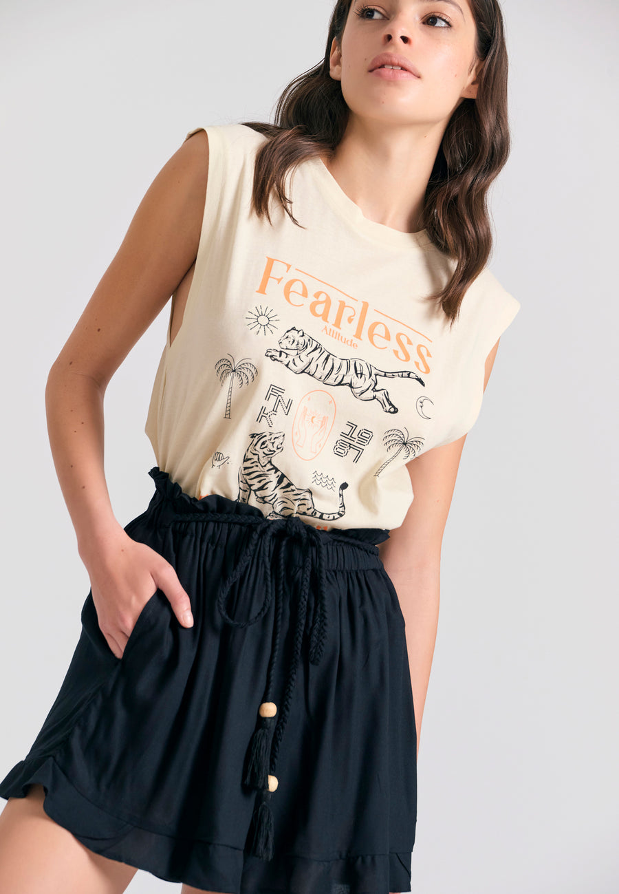 Loose fit shorts with drawstring and ruffle waist - Black