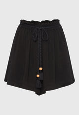 Loose fit shorts with drawstring and ruffle waist - Black