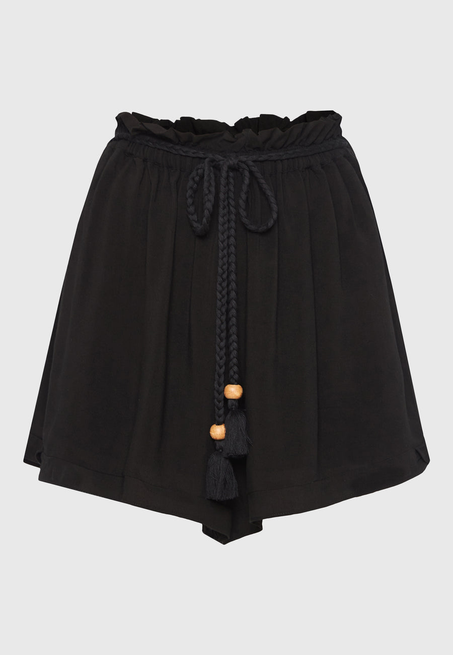 Loose fit shorts with drawstring and ruffle waist - Black