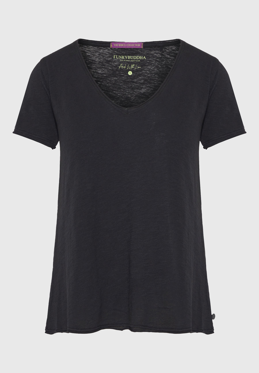Tricou de damă cu decolteu în V și margini brute - The essentials - Negru