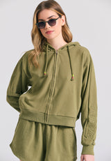 Cardigan hanorac pentru femei cu broderie pe mânecă - Olive