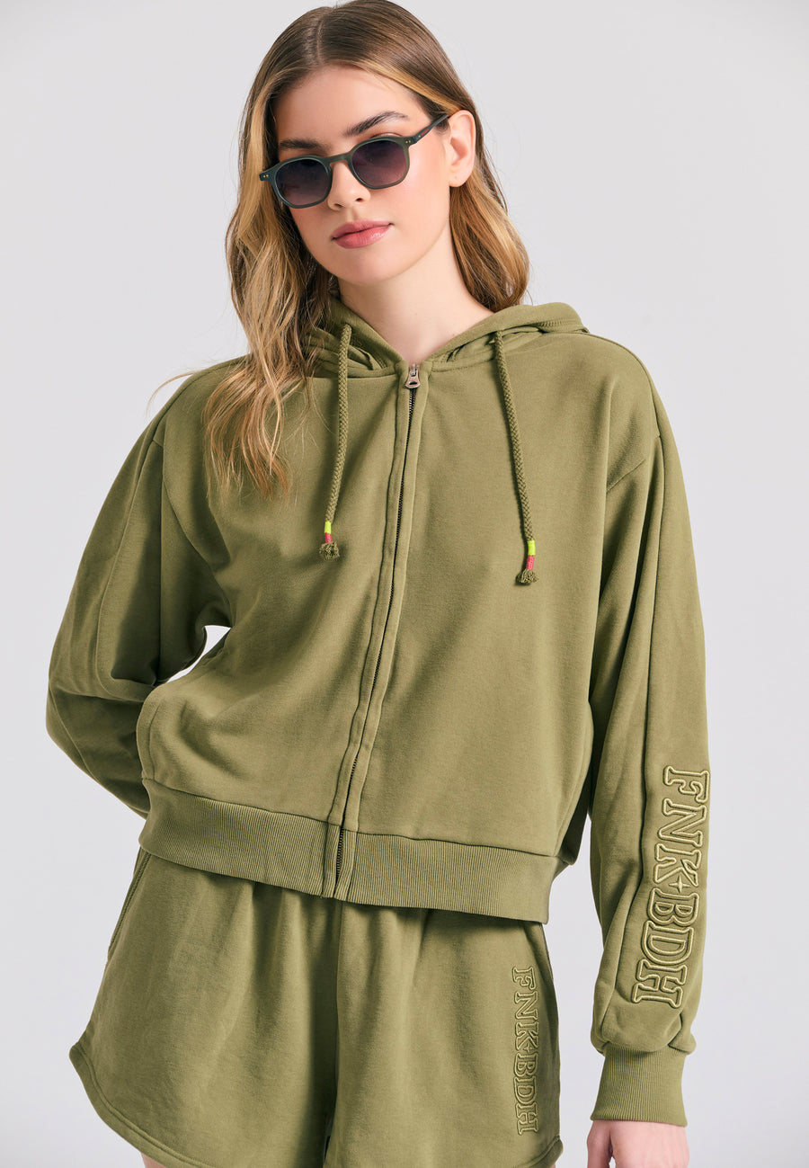 Cardigan hanorac pentru femei cu broderie pe mânecă - Olive