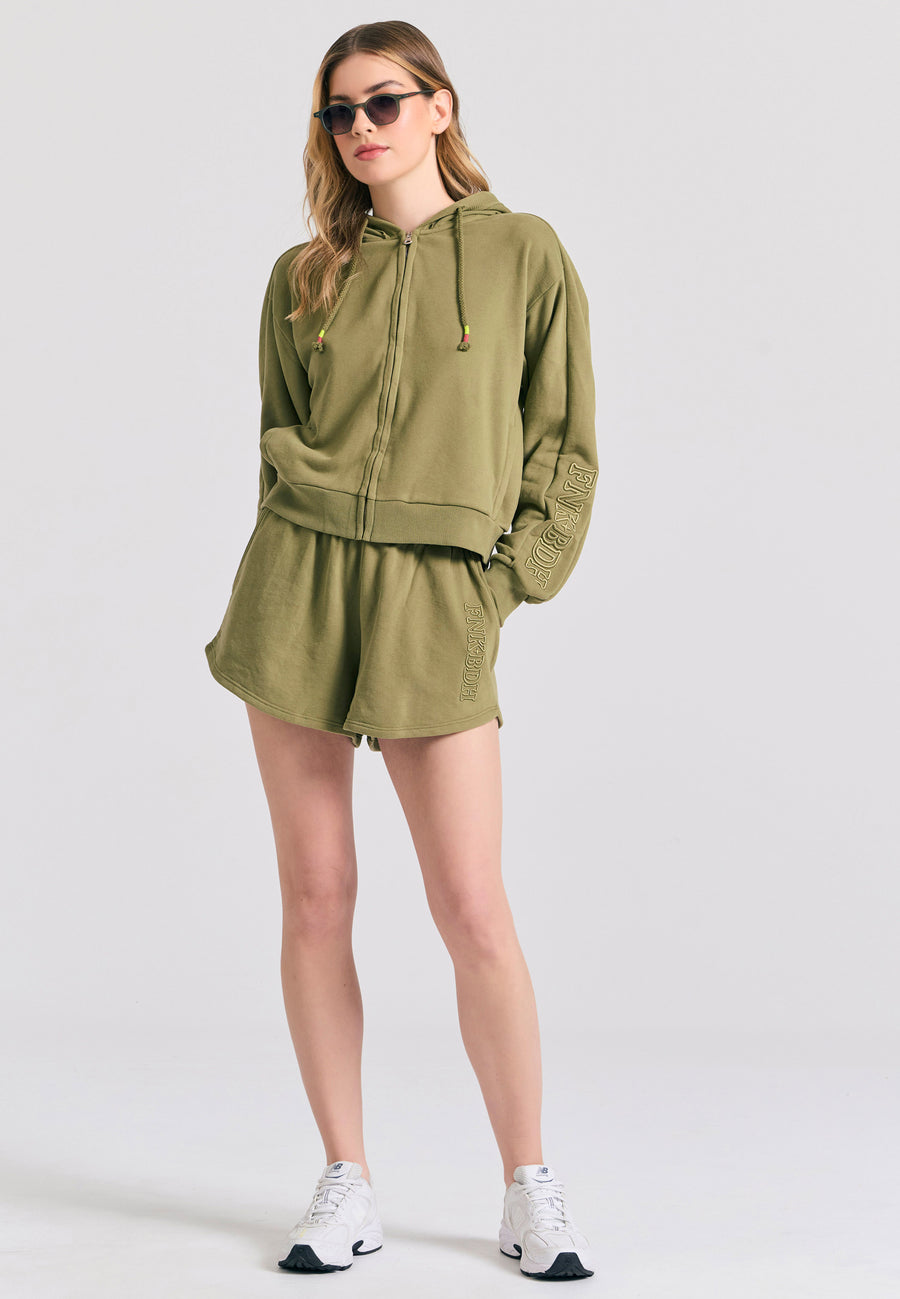 Cardigan hanorac pentru femei cu broderie pe mânecă - Olive