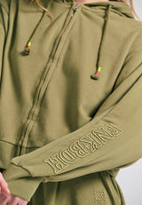 Cardigan hanorac pentru femei cu broderie pe mânecă - Olive