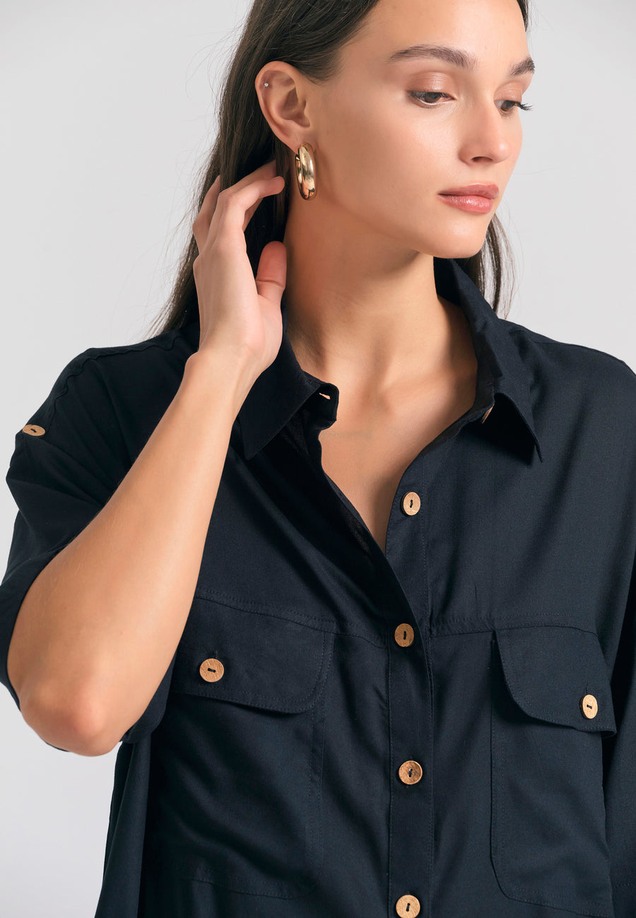 Oversized maxi semi-shirt dress in boho look - Black