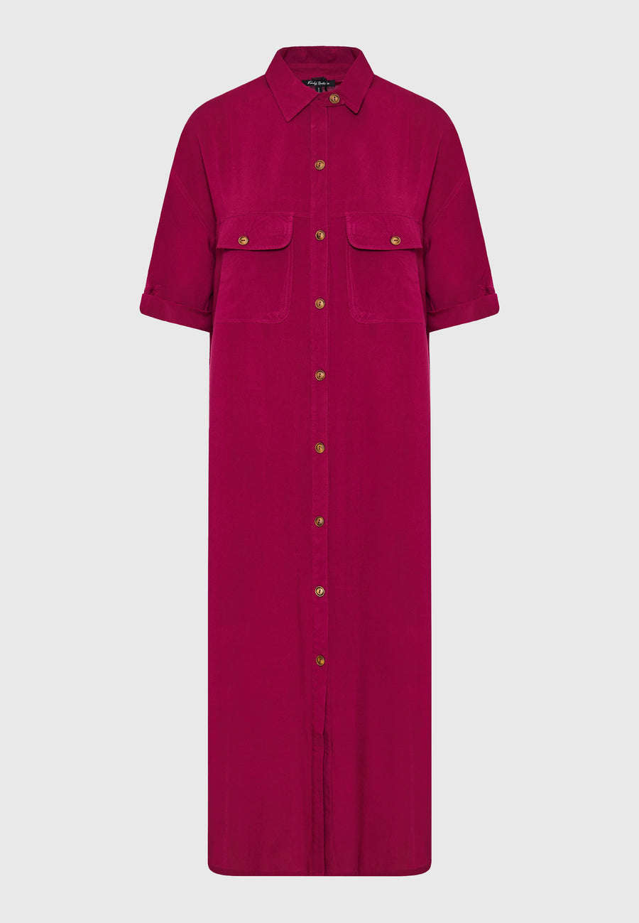 Oversized maxi semi-shirt dress in boho look - Sangria