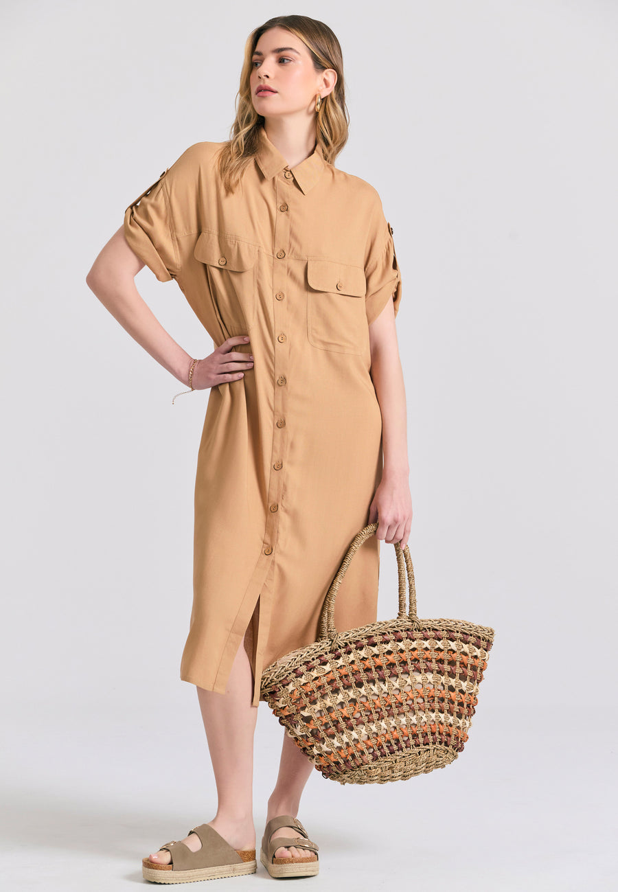 Rochie maxi semi-cămașă supradimensionată în aspect boho - Taupe