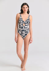 All over printed swimsuit with cut out - Black