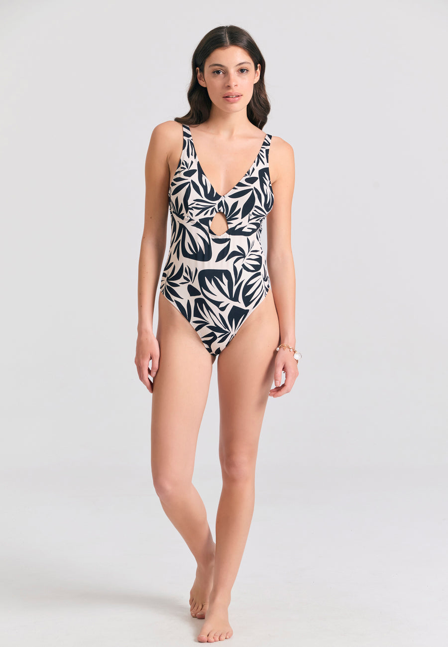 All over printed swimsuit with cut out - Black