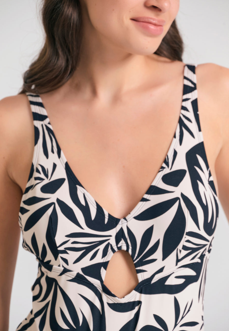 All over printed swimsuit with cut out - Black