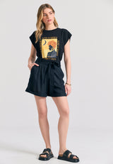 Loose fit linen blend shorts with pleats and belt - Anthracite