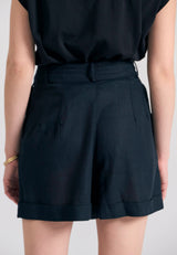 Loose fit linen blend shorts with pleats and belt - Anthracite