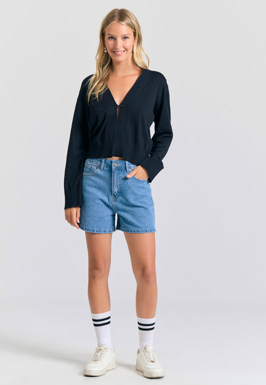 Linen blend knitted cardigan with decorative button - Black