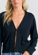 Cardigan tricotat din amestec de in cu nasturi decorativi - Negru