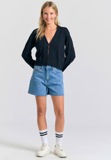 Cardigan tricotat din amestec de in cu nasturi decorativi - Negru