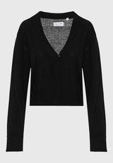 Cardigan tricotat din amestec de in cu nasturi decorativi - Negru