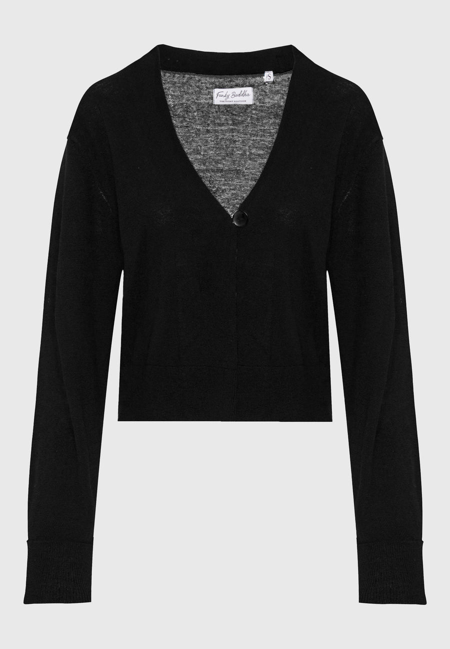 Linen blend knitted cardigan with decorative button - Black