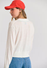Cardigan tricotat din amestec de in cu nasturi decorativi - Alb