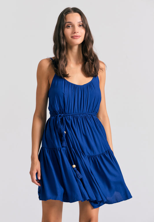 Mini viscose dress with ruffles - Skipper blue