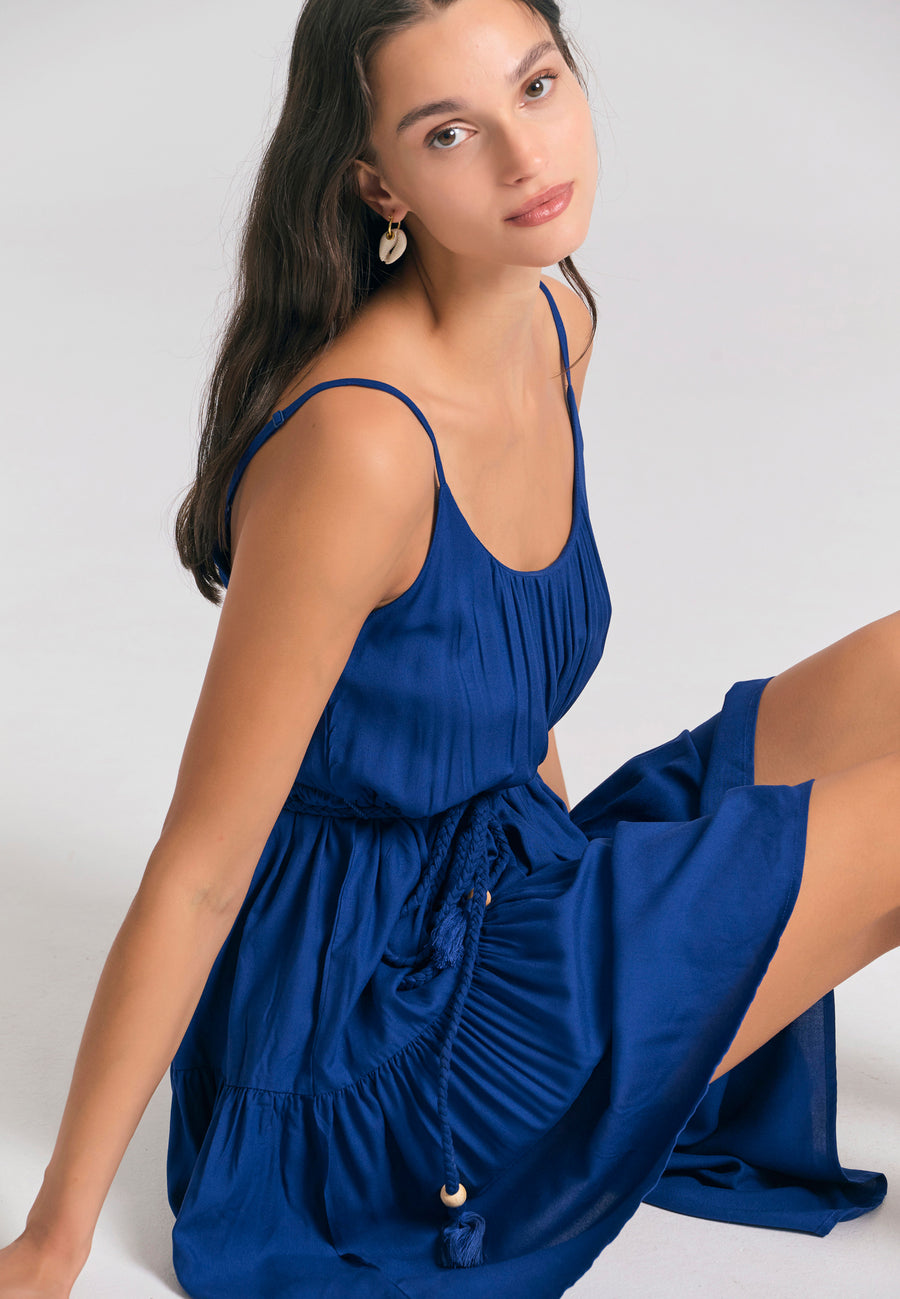Rochie mini din viscoză cu volane - Albastru Skipper