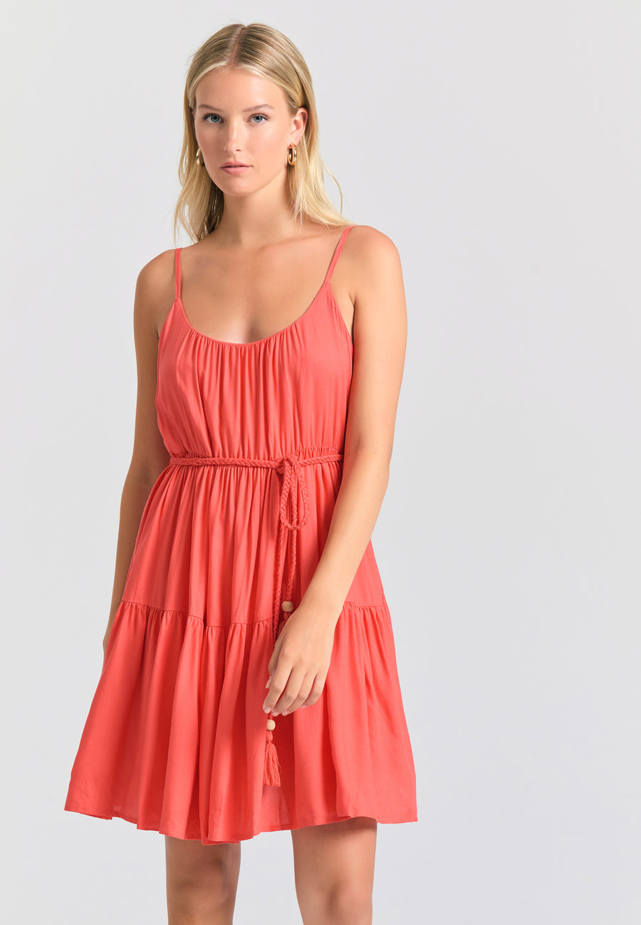 Mini viscose dress with ruffles - Sunset coral