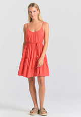Mini viscose dress with ruffles - Sunset coral