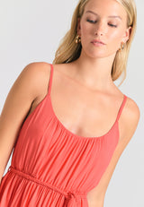 Mini viscose dress with ruffles - Sunset coral