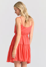 Mini viscose dress with ruffles - Sunset coral