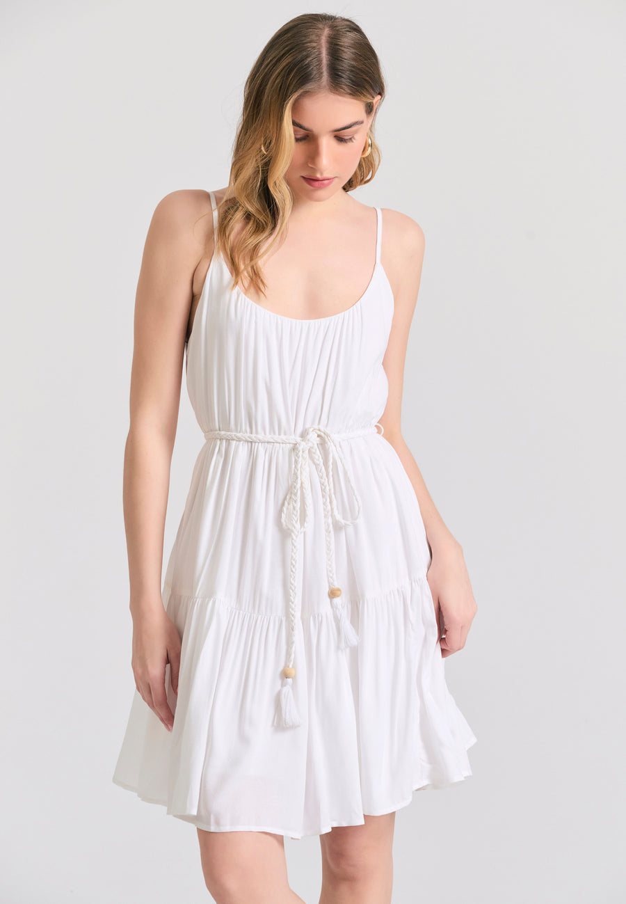 Mini viscose dress with ruffles - White