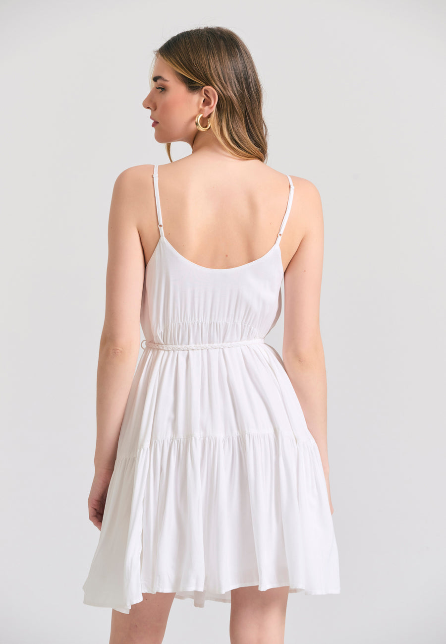 Mini viscose dress with ruffles - White