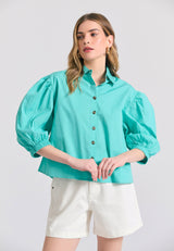 Women's oversized shirt with puffer sleeves - Caribbean green
