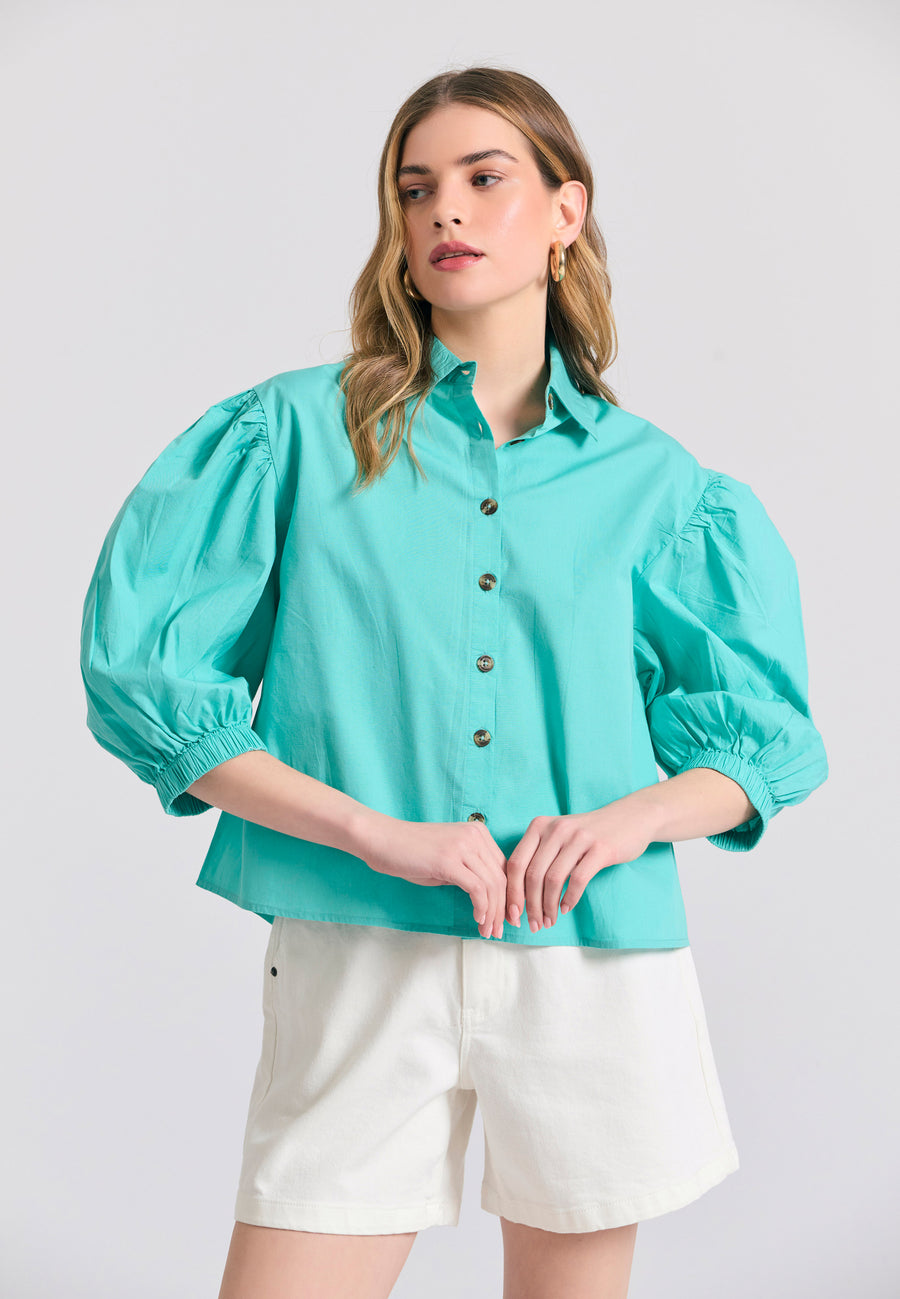 Women's oversized shirt with puffer sleeves - Caribbean green