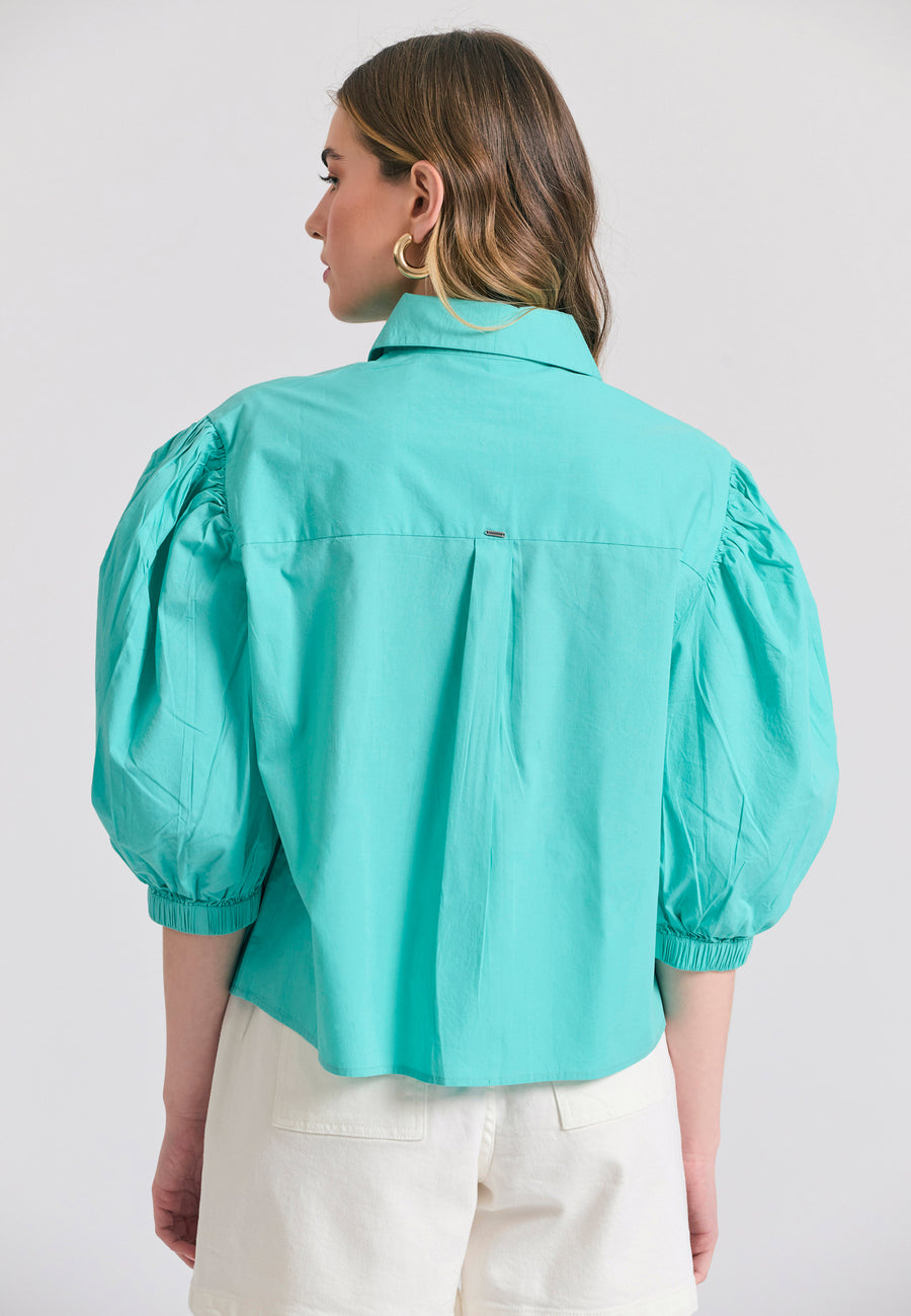 Women's oversized shirt with puffer sleeves - Caribbean green