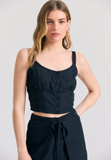 Linen blend plain cropped top - Black