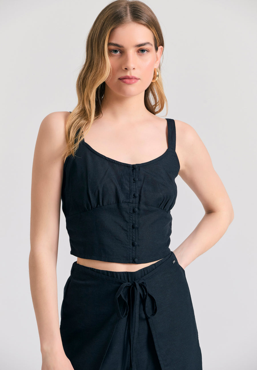Linen blend plain cropped top - Black