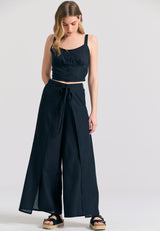 Linen blend plain cropped top - Black